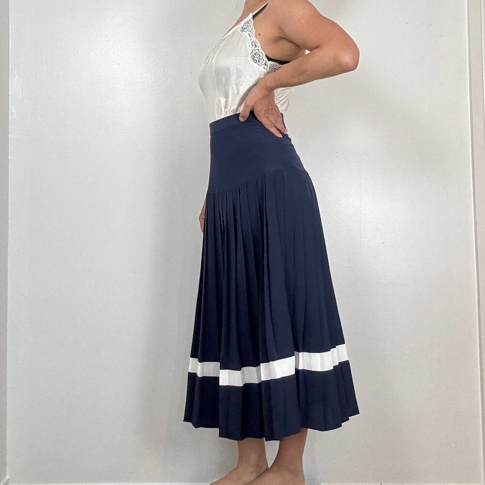 Vintage FRANK OLIVIER Navy Blue Drop Waist Pleated Skirt - Size S - Picture 6 of 10